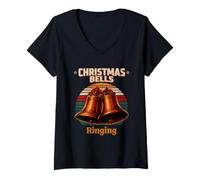 Women's Christmas Bells Ringing Retro V-Neck T-Shirt