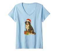 Womens Christmas Bernese Mountain Dog, Christmas Lights, Santa hat V-Neck T-Shirt