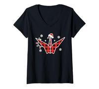 Womens Christmas Buffalo Plaid Origami Crane with Santa Hat Xmas V-Neck T-Shirt