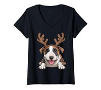 Womens Christmas Bull Terrier Dog Reindeer Funny Xmas Dogs Owner V-Neck T-Shirt