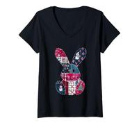 Womens Christmas Bunny Patchwork Snowman Tree V-Neck T-Shirt