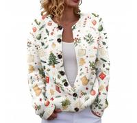 Women's Christmas Cardigan Funny Xmas Tree Print Shirts Casual Long Sleeve Sweater Leisure Going Out Coat Vintage Floral Printed Outfits (White, XL)