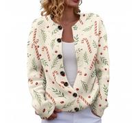 Women's Christmas Cardigan Funny Xmas Tree Print Shirts Casual Long Sleeve Sweater Leisure Going Out Coat Vintage Floral Printed Outfits (Beige, L)