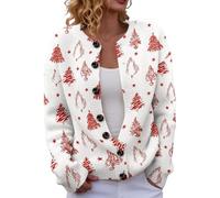Women's Christmas Cardigan Funny Xmas Tree Print Shirts Ladies Chunky Cable Printed Cardigans Leisure Going Out Coat for Autumn and Winter (White, M)