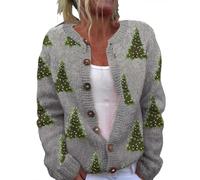 Womens Christmas Cardigan Lightweight Long Sleeve Button Top Ladies Chunky Cable Knit Reindeer Printed Cardigans Loose Funny Christmas Snowman Tree Graphic Sweater Plus Size Jumpers Grey