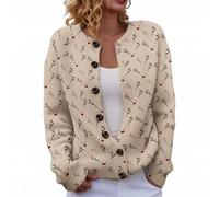 Womens Christmas Cardigan Lightweight Long Sleeve Button Top Ladies Chunky Cable Knit Reindeer Printed Cardigans Loose Funny Christmas Snowman Tree Graphic Sweater Plus Size Jumpers (Khaki, M)