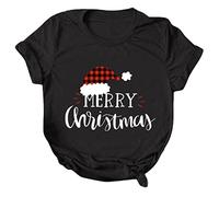 Women's Christmas Casual Printing Short Sleeve O-Neck Loose T-Shirt Blouse Tops Short Top Women, black, M
