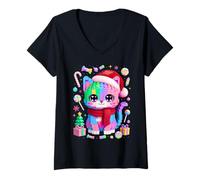 Womens Christmas Cat Lover Master Builder Building Bricks Blocks V-Neck T-Shirt