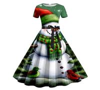 Womens Christmas Costume 1950s Audrey Hepburn Style Santa Claus Elk Formal Short Sleeve Round Neck Wedding Guest Snowflake Work Party Plaid Midi Swing Dresses 40s 1960s Dress Gown, Green, M