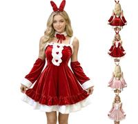 Womens Christmas Costume Bunny Velvet Heart Cami Dress 3 Pcs | Ears headband, fur choker, pom pom, thin straps, heart ruffle, flared skirt, tail, pink, party night