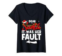 Womens Christmas Couples Funny Dear Santa It was Her Fault V-Neck T-Shirt