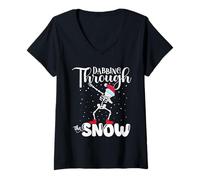 Womens Christmas Dabbing Through The Snow Funny Skeleton Skull V-Neck T-Shirt