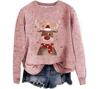 Women's Christmas Deer Print Pullover Sweater Festive Lettering Long Sleeve Casual Round Neck Hoodie Top for Autumn Winter Holiday Season Cozy Comfortable Soft Knit Fashion Apparel (XXL)