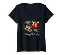Womens Christmas Dogs Sledding Dashing All The Way V-Neck T-Shirt