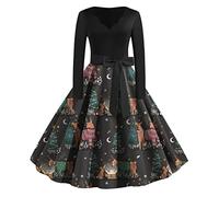 Womens Christmas Dress, 1950s Dresses for Women Long Sleeve A-Line Swing Dress Santa Claus Printed Festival Party Dress Xmas Dresses Plus Size Christmas Dresses Holiday Christmas Women Dress