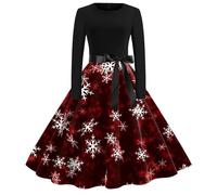 Women's Christmas Dress, Christmas Dress 50s Novelty Xmas Dresses V-Neck/round Neck Flared Pleated a Line 1950s Swing Dress Xmas Dresses for Women Uk Prom Swing Printing Holiday Clothing