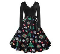Women's Christmas Dress Funny Cocktail V-Neck Long Sleeve Chic and Elegant Christmas A-Line Dress Merry Christmas Classic Versatile for Wedding Evening Ceremony Casual Knee Midi Costume, Black, XL