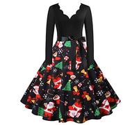 Women's Christmas Dress, Funny Print, Vintage V-Neck Long Sleeve Christmas Dress Pin Up 1950s Chic and Charming Xmas Casual Slim Fit Large Size Cocktail Party Ceremony Fancy Dress