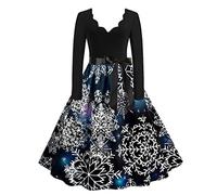 Women's Christmas Dress, Snowflake Print Evening Dress, V Neck Long Sleeves 1950s Pin Up Casual Midi Dress Chic and Charming Xmas Large Size Slim Fit Autumn and Winter Fancy Dress Costume