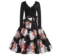 Women's Christmas Dress with Santa Print, Sexy V-Neck Long Sleeve A-Line Casual Dress, Large Size, Vintage Chic and Charming Xmas Merry Christmas for Wedding, Cocktail, Party, Ceremony