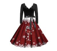 Womens Christmas Dresses, 1950s Dresses for Women Novelty Xmas Dresses V-Neck/round Neck Flared Pleated a Line 1950s Swing Dress Xmas Dresses for Women Uk Holiday Christmas Women Dress