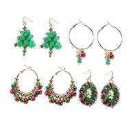 Women's Christmas Earrings 4 Pair Set of Big Holiday Jewelry Pine Tree Bell Garland for Parties