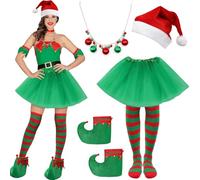 Women's Christmas Elf Costume Set with Christmas Hat, Jingle Bell Necklace, Xmas Shoes, Socks, Tutu Skirt