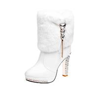 Women's Christmas Faux Fur Ankle Boots Sparkle Diamante High Heels Fur Trim Platform Boots New UK 5.5 White