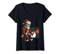 Womens Christmas Fireside | Creepy Dark Santa Skeleton Burning List V-Neck T-Shirt