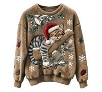 Women's Christmas Fleece Jumper Cute Sleeping Cat Graphic Sweatshirt - Warm Fluffy Pullover Crewneck Top, Novelty Xmas for Cat Lovers, Ladies Winter Cosy Lounge Wear (Khaki, XXXL)