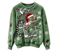 Women's Christmas Fleece Jumper Cute Sleeping Cat Graphic Sweatshirt - Warm Fluffy Pullover Crewneck Top, Novelty Xmas for Cat Lovers, Ladies Winter Cosy Lounge Wear (Green, S)