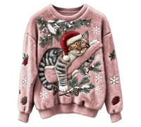 Women's Christmas Fleece Jumper Cute Sleeping Cat Graphic Sweatshirt - Warm Fluffy Pullover Crewneck Top, Novelty Xmas for Cat Lovers, Ladies Winter Cosy Lounge Wear (XXXL) Pink