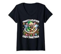 Womens Christmas Frenchie Cute Winter Sayings for Sweater Weather V-Neck T-Shirt