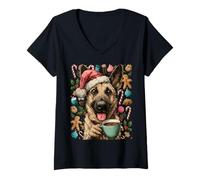 Womens Christmas German Shepherd Dog with Santa Hat Cocoa Cookies V-Neck T-Shirt
