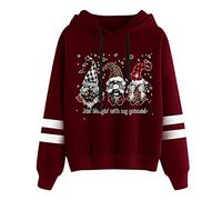 Women's Christmas Gnome Printed Long Sleeve Hooded Sweatshirt Top Fleece Oversized Shirts Leggings (XL) Wine