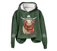 Womens Christmas HighIand Cow Print Hoodie Casual Long Sleeve Pullover Sweatshirt Loose Fit Drop Shoulder Hooded Top Cute Winter Jumper Soft Warm Country Western Style Outfit (Green, XL)