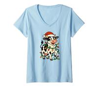 Womens Christmas Holstein Cow Lights Santa Hat Black White Funny V-Neck T-Shirt