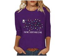 Womens Christmas "I'm Fine Everything is Fine" Print Jumpers Purple Ladies Christmas Xmas Tops 3/4 Sleeve Crew Neck Plus Size Sweatshirt Casual Comfortable Loose Tunic Funny Novelty Activewear