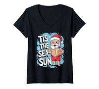 Womens Christmas in July Santa Tis The Sea Sun Holiday Beach Humor V-Neck T-Shirt