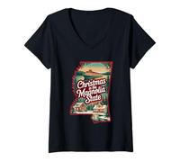 Womens Christmas in The Magnolia State Scenic Cabin Winter V-Neck T-Shirt