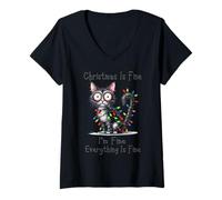 Womens Christmas is Fine I'm Fine Grumpy Black Cat Xmas Chaos V-Neck T-Shirt