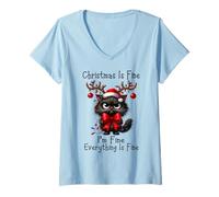 Womens Christmas is Fine I'm Fine Grumpy Xmas Cat Christmas Chaos V-Neck T-Shirt