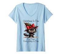 Womens Christmas is Fine I'm Fine Grumpy Xmas Cat Christmas Chaos V-Neck T-Shirt