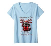 Womens Christmas is Fine I'm Fine Grumpy Xmas Cat Christmas Chaos V-Neck T-Shirt