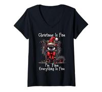 Womens Christmas is Fine I'm Fine Grumpy Xmas Cat V-Neck T-Shirt