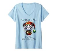 Womens Christmas is Fine I'm Fine Grumpy Xmas Panda Bear V-Neck T-Shirt