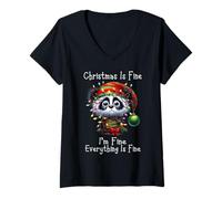 Womens Christmas is Fine I'm Fine Grumpy Xmas Panda Bear V-Neck T-Shirt