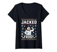 Womens Christmas Jacked Frost Weight Training Funny Gym V-Neck T-Shirt