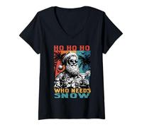 Womens Christmas July Ho Who Needs Snow Santa Beach Summer Vacation V-Neck T-Shirt
