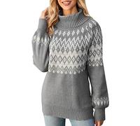 Womens Christmas Jumper Autumn and Winter Turtleneck Long Sleeve Sweater Ladies Xmas Retro Jacquard Sweater Casual Loose Fairisle Retro Pullover Classy Nordic Knitwear Outerwear Grey